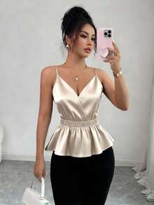 Qadelle Elegant French Knit Satin Sheen Camisole Design Criss-Cross V-Neck Cinched Waist Flared Hem Sleeveless Cardigan, Slim Fit Summer New Arrival Women - Champagne - View 2