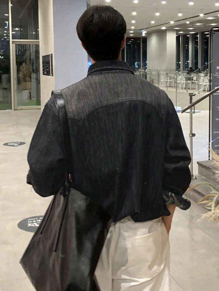 Men's Washed Vintage Black Denim Jacket, Suitable For Spring And Autumn