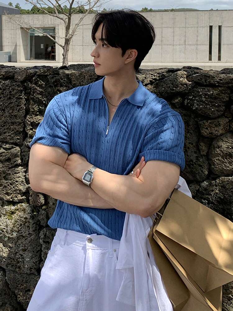 Men's Solid Blue Polo Neck Knit Top, Summer