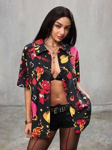 HOT STUFF X SHEIN Áo sơ mi nữ tay ngắn dáng rộng, in họa tiết toàn thân, cài cúc phía trước, thích hợp cho mùa hè. - màu đen - Xem 5