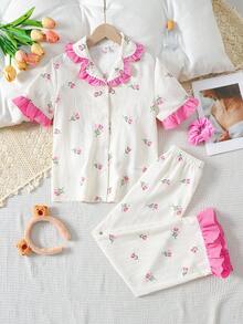 Tween Girls' Loose Casual Floral Print Collared Ruffle Trim Loungewear - Multicolor - View 3