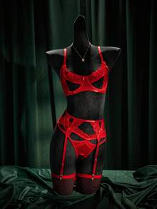 SpicyHot 5件套红色蕾丝渔网过膝长袜，性感内衣套装 - 紅色 - 查看 1