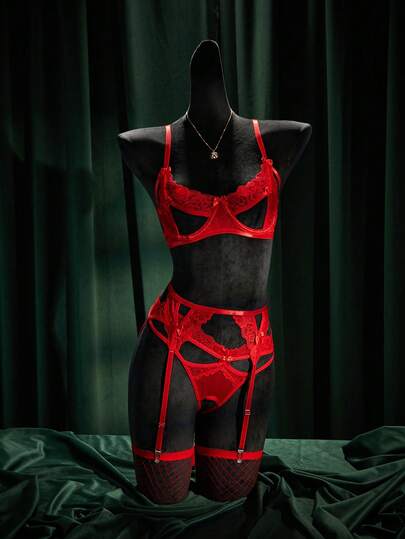 SpicyHot 5pcs Set Red Lace Fishnet Thigh High Stockings, Sexy Lingerie Set