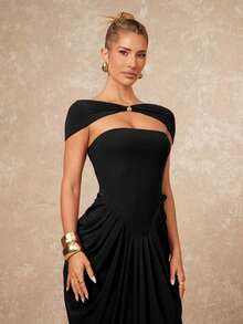 Lumalex 金属装饰胸衣金属网纱垂褶美人鱼裙摆女装 - 黑色 - 查看 6