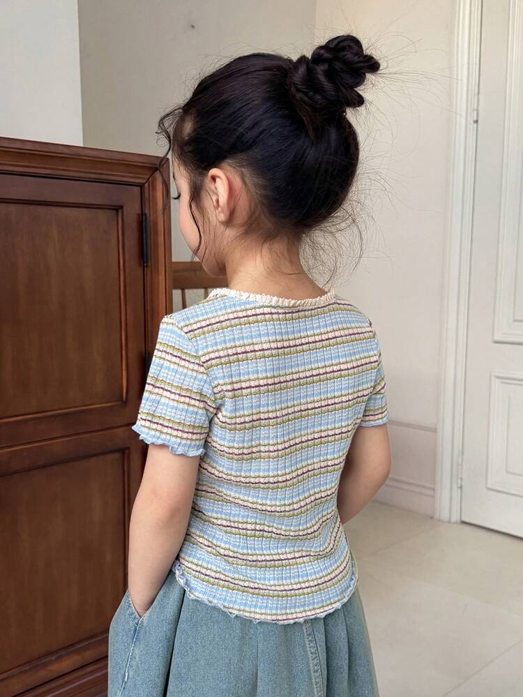 Young Girl Striped Frill Trim Bow Decor Casual Everyday Short Sleeve T-Shirt Summer