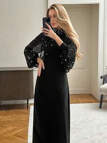 SHEIN Elenzya 圆领收腰A字型拼接珍珠装饰长袖优雅浪漫精致女士连衣裙，适合秋季约会和聚会。 - 黑色 - 查看 7