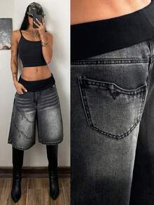 StreetHx Women's Fashionable Summer Washed Fold-Over Waist Loose Denim Shorts - Black - View 1