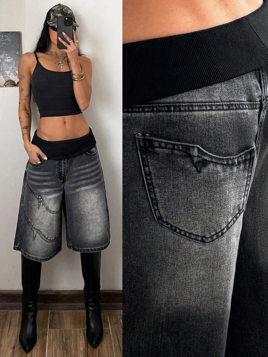 StreetHx Women's Fashionable Summer Washed Fold-Over Waist Loose Denim Shorts - Black - View 1