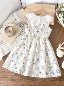 Genkimix Kids 女童碎花荷叶边领纽扣前襟优雅连衣裙 - 米色 - 查看 2