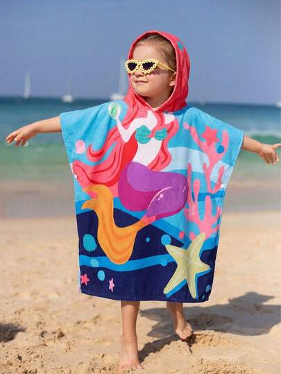 Túnica con capucha con estampado de sirena para niña en vacaciones de verano en la playa