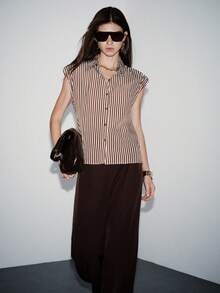 Lumivelle Women's Sleeveless Striped Shirt With Built-In Shoulder Pads, Retro Urban Chic Elegant Sleeveless Blouse Brown Shirt Women Striped Blouse Business Casual Tops Woman - Brown - View 5