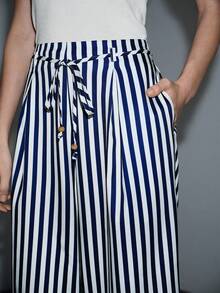 Lumivelle Women's Striped Elastic Waist Drawstring Loose Casual Pants, Spring/Summer - Blue - View 7