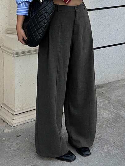 Dazy Plus Plus Size Women Casual Pleated Side Loose Straight Leg Long Pants