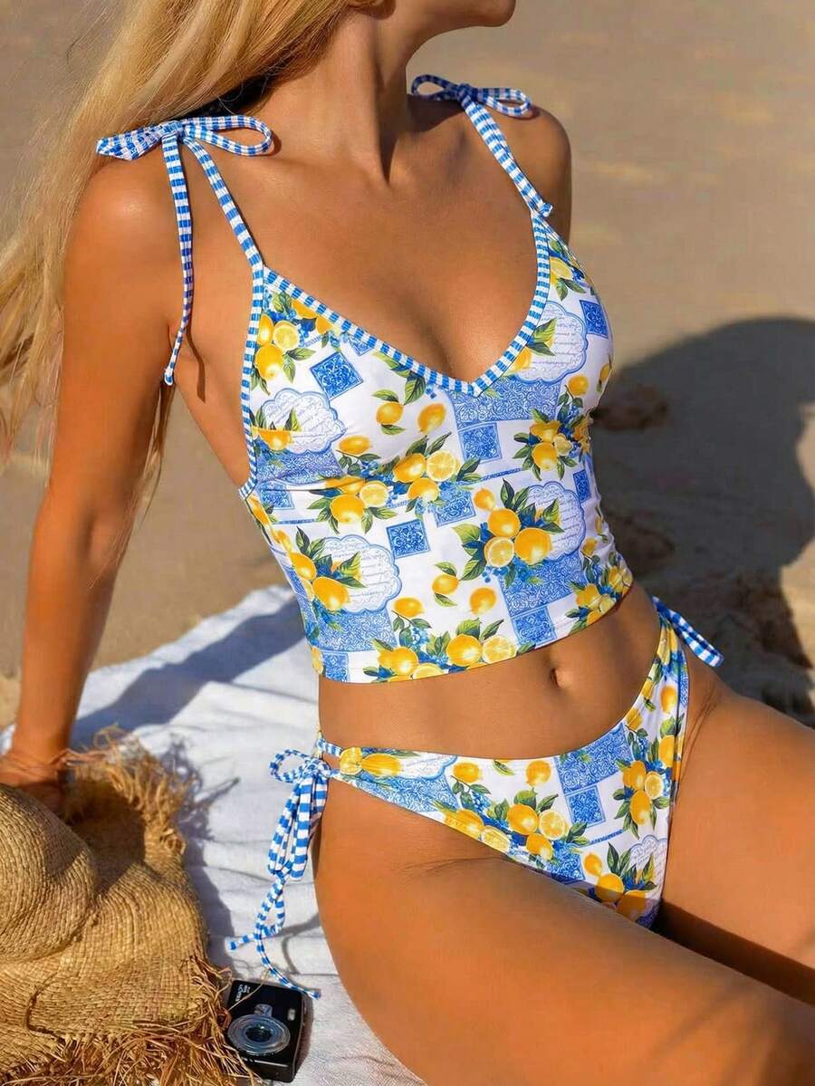 Swim Vcay 2件套全新随机印花性感优雅度假吊带背心和比基尼泳装套装，适合海滩、泳池派对 - 彩色 - 查看 1