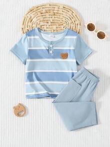 两件套幼儿男童休闲条纹圆领短袖上衣和裤子套装 - 彩色 - 查看 7