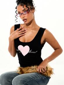 BABYPHAT Áo tank top gân sọc in hình trái tim, áo crop top không tay, áo thun cơ bản mùa hè màu đen, thích hợp cho ngày Valentine. - màu đen - Xem 8