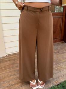 SHEIN EZwear Pantalones casuales rectos y holgados de cintura alta de unicolor para mujer de talla grande - Marrón - Ver 5