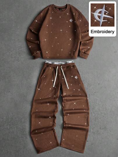 Manfinity Hypemode 2pcs Men's Pullover Sweatsuit Set, Coffee Color Sweatshirt Set, Pullover Top, Glitter Finish, Versatile Design, High Tolerance, Trending On INS, Suitable For Indoor/Outdoor Wear, Casual, Sports, Commute, Vacation, Great Gift For Boyfriend/Husband, Couple Outfit