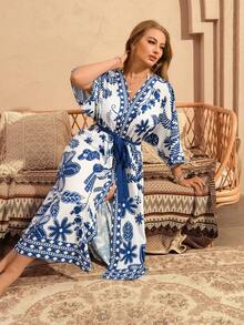Swim Lushoire Plus Size Women Floral Print Mid-Length Casual Vacation Beach Cardigan - Blue - View 5