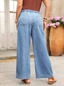 EMERY ROSE Women's Drawstring Waist Pockets Casual Versatile Daily Wear Wide Leg Jeans - Medium Wash - View 2