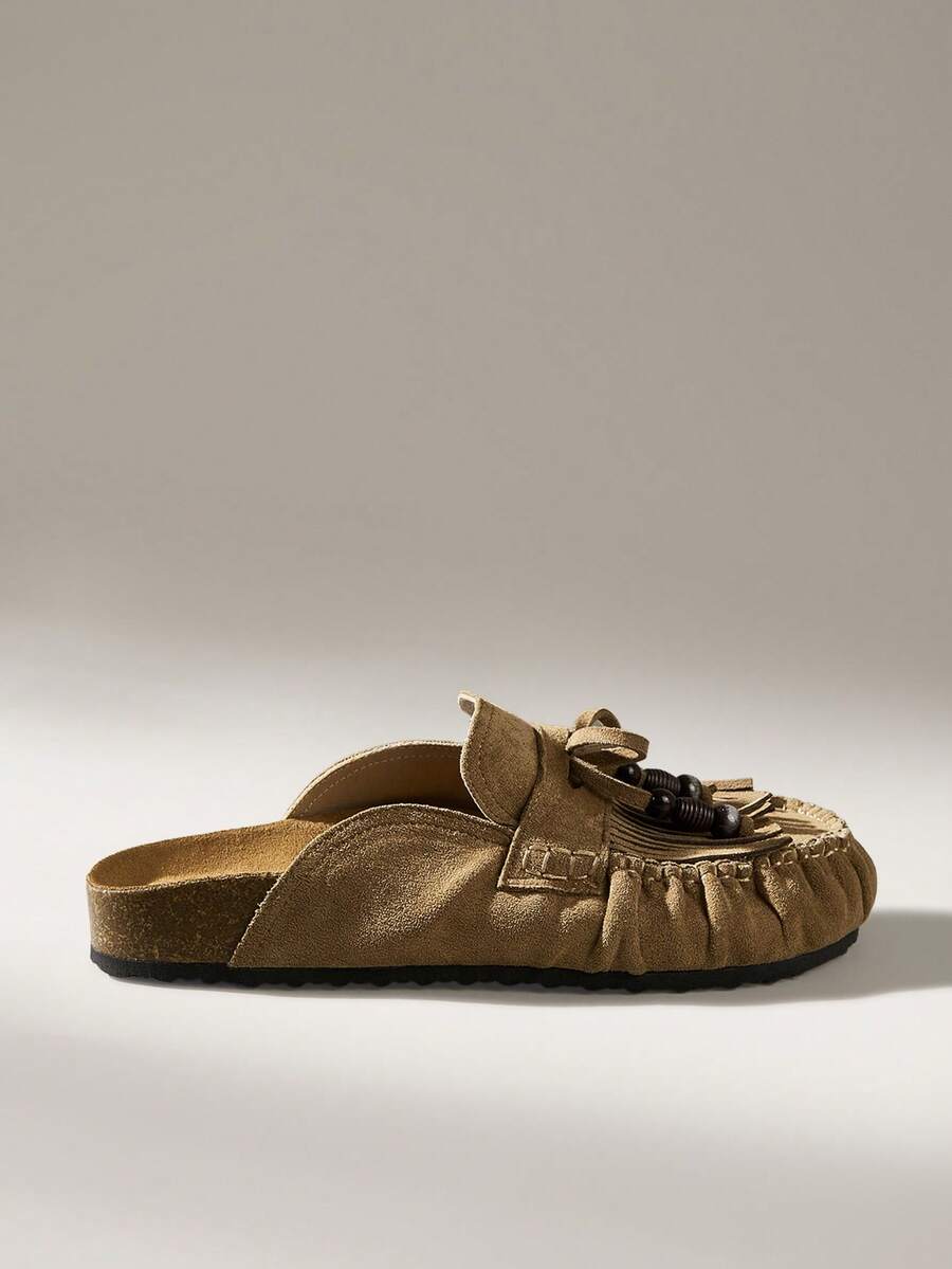 Women's Casual Slip-On Mules With Tassel Design, Versatile For Daily Wear - Khaki - View 1