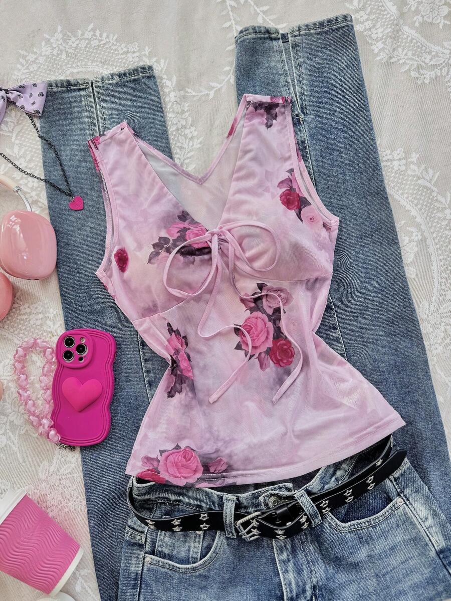 Franclia Áo nữ không tay dáng rộng, gợi cảm, chất liệu vải voan mỏng, họa tiết hoa, thắt nơ phía trước, thích hợp cho kỳ nghỉ hè/xuân. - Hồng - Xem 1