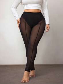 Enliva Collants en maille à taille élastique de couleur unie pour femmes grandes tailles, pour la forme de corps arrondie, pour l'été - Noir - Voir 4