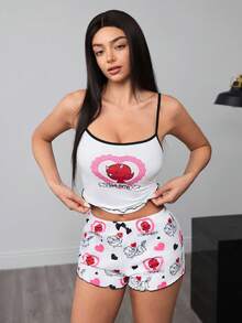 HOT STUFF X SHEIN Bộ đồ ngủ nữ dáng ôm, in hình trái tim và chữ cái hoạt hình, viền tương phản, gồm áo hai dây và quần short, thích hợp cho mùa hè. - trắng - Xem 5