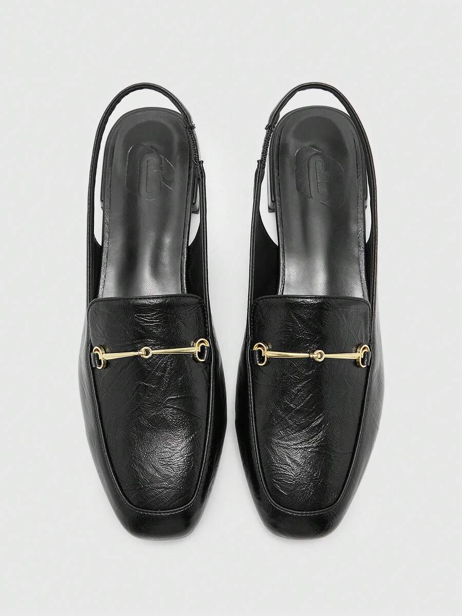 CUCCOO BIZCHIC Women's Square Toe Flat Low Heel Black British Style Comfortable Commute Versatile Backless Mule Flats - Oily black - View 1