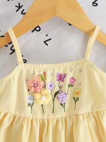 Baby Mädchen Lässig Urlaubs süß niedlich hellgelbes 3D Blumen Häkel Dekor Faux Stickerei Trägerhemd und passende gerade Bein Hose gewebtes 2-teiliges Set, Frühling/Sommer - Gelb - Übersicht 4