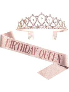 2pcs/Set Rose Gold &Gold &Silvery Birthday Queen Sash & Rhinestone Tiara - Glitter Sash & Sparkling Tiara Set For Birthday Girls - Multicolor - View 1
