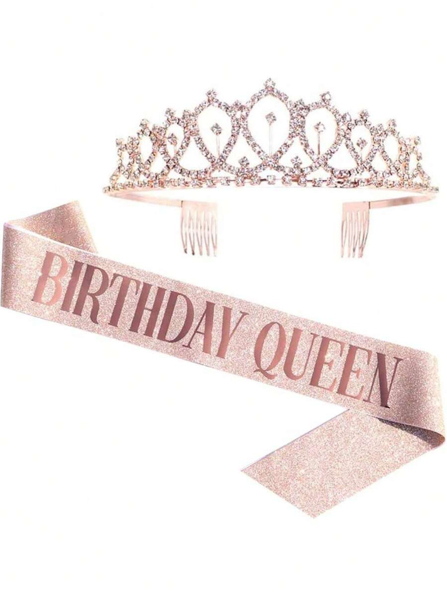 2pcs/Set Rose Gold &Gold &Silvery Birthday Queen Sash & Rhinestone Tiara - Glitter Sash & Sparkling Tiara Set For Birthday Girls - Multicolor - View 1