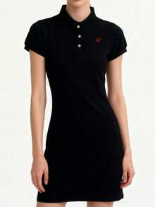 Glimmora Women's Letter Embroidered Polo Collar Short Sleeve Casual Dress - Black - View 3