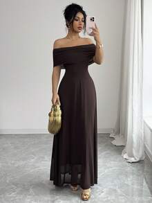 Elegant Brown Knitted Off The Shoulder A Line Maxi Dress With Short Sleeves Flared Hem And Zipper Detail - Brown - View 5