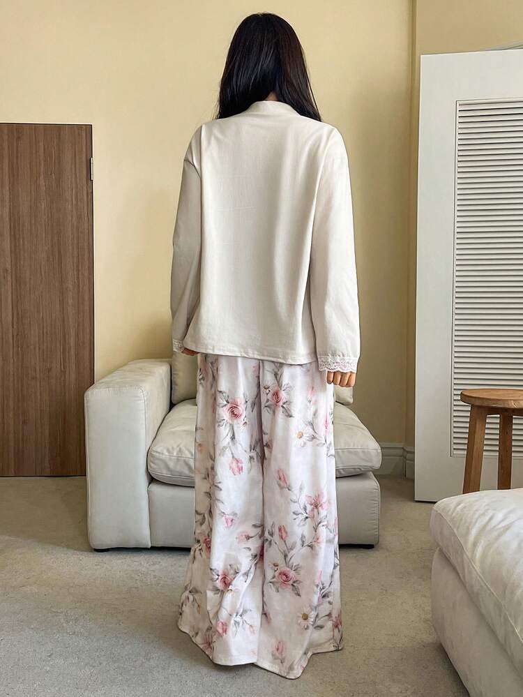 Women's Loose Solid Color Top & Floral Print Wide Leg Pajama Pants Sleepwear Set