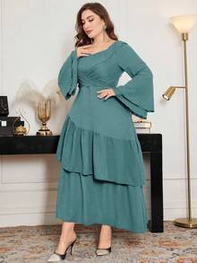 Modelyn Vestido de mujer talla grande con mangas acampanadas, dobladillo con volantes y cintura recogida, elegante para primavera/verano - Verde - Ver 5
