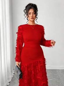 Elenzga Plus Size Women Elegant Patchwork Embroidered 3D Floral Dress, Autumn/Winter - Red - View 3
