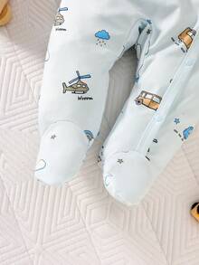 SHEIN 2件套新生儿男女通用卡通汽车印花长袖连体衣带帽子，适合日常穿着、生日派对、春、夏、秋、冬四季拍照。男婴新生儿配件，新生儿男女通用服装，早产儿服装，男婴新生儿套装，新生儿婴儿套装，男婴服装。 - 藍色 - 查看 7