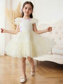 Young Girls Dress, Flowy Mesh Princess Dress With Ruffle Sleeves, 3D Butterfly Decor, Party & Celebration - Apricot - View 1