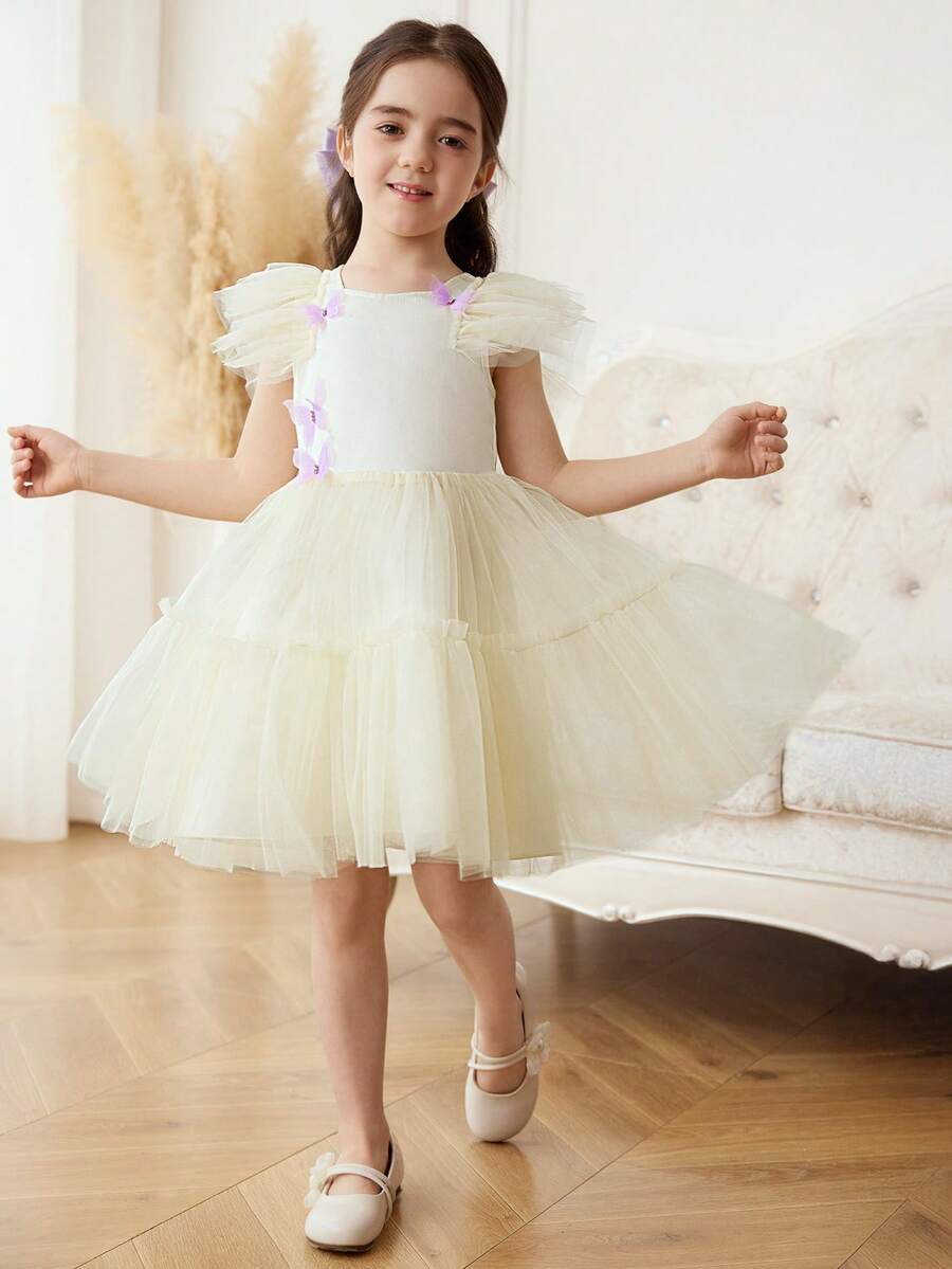 Young Girls Dress, Flowy Mesh Princess Dress With Ruffle Sleeves, 3D Butterfly Decor, Party & Celebration - Apricot - View 1