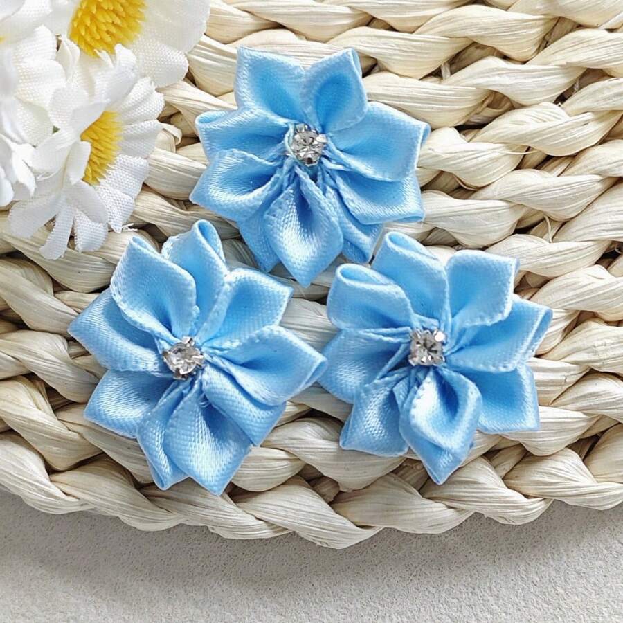 30 piezas/set Accesorio de decoración de prendas de unicolor, diseño de flor de cristal de fantasía de tela linda para manualidades de joyería DIY para coser - Azul - Ver 1