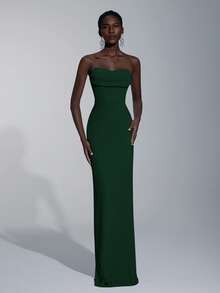 Chic Dark Green Knitted Fabric Bridesmaid Dress Strapless Sleeveless Maxi Mermaid Style Elegant Plain - Dark Green - View 5