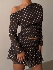 Aloruh Women's Retro Polka Dot Spicy Oblique Shoulder Fitted Long Sleeve Shirt + Multi-Layer Ruffle Hem Skirt 2 Pieces Set - Brown - View 8