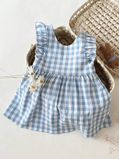 SHEIN Baby Girls' Casual Cute Plaid Bow Ruffle Hem Dress, Suitable For Spring/Summer Outings, Vacations, Parties, Birthdays, And Daily Wear