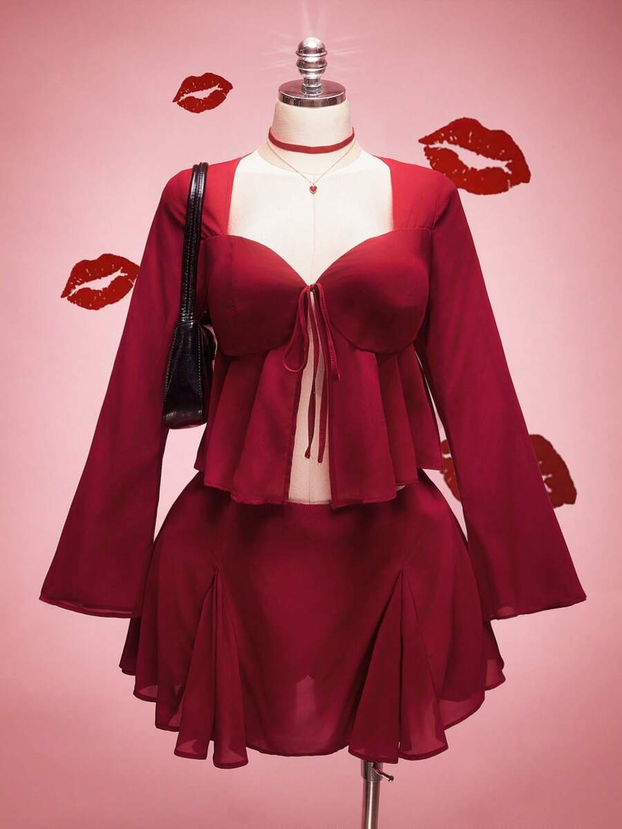 SHEIN ICON Ensemble 2 pièces grande taille, Top babydoll avec nœud papillon à l'avant rouge vin, jupe évasée. Tenue élégante pour un rendez-vous de la Saint-Valentin, sortie de soirée