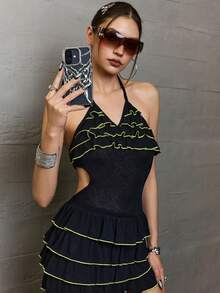 Rina Fox Women's Sexy Beach Vacation Contrast Binding Ruffle Trim Backless Tie Front Mini Dress Singlet Redbull - Black - View 7