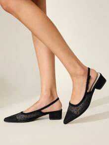 CUCCOO CHICEST Women's Pointed Toe Low Heel Black Polka Dot Mesh Elegant Breathable Slip-On Pumps Valentine's Day Elegant Shoes - Black - View 5