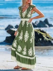 Sylviya 褶皱荷叶边饰盖袖收腰荷叶边下摆 A 字形连衣裙，女士休闲度假装