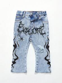 SHEIN Baby Boy Urban Street Flame & Thorn Graphic Pattern Blue Denim Stretch Skinny Ripped Jeans Fall Winter Spring Summer, Jeans, Summer Jeans, Skinny - Light Wash - View 6