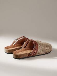 Solecia Women's Woven Textured Slip-On Sandals, Round Toe Design, Exposed Heel, Comfortable Minimalist Style, Suitable For Vacation And Commute, Brown Flat Shoes, Versatile For Casual Wear - Brown - View 4